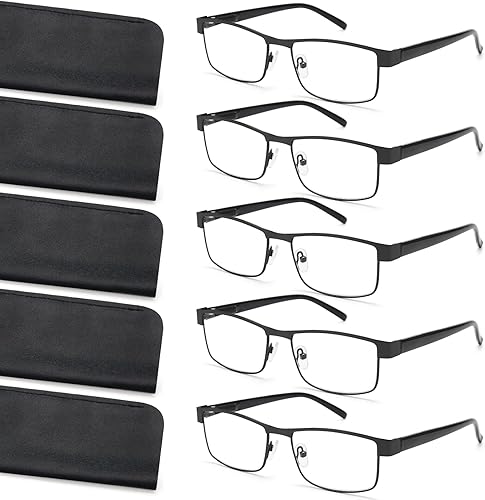 BLS BLUES Paquete de 5 estuches para lentes para hombre y lentes de lectura con luz azul, marco de metal para lectores de sol con lentes de