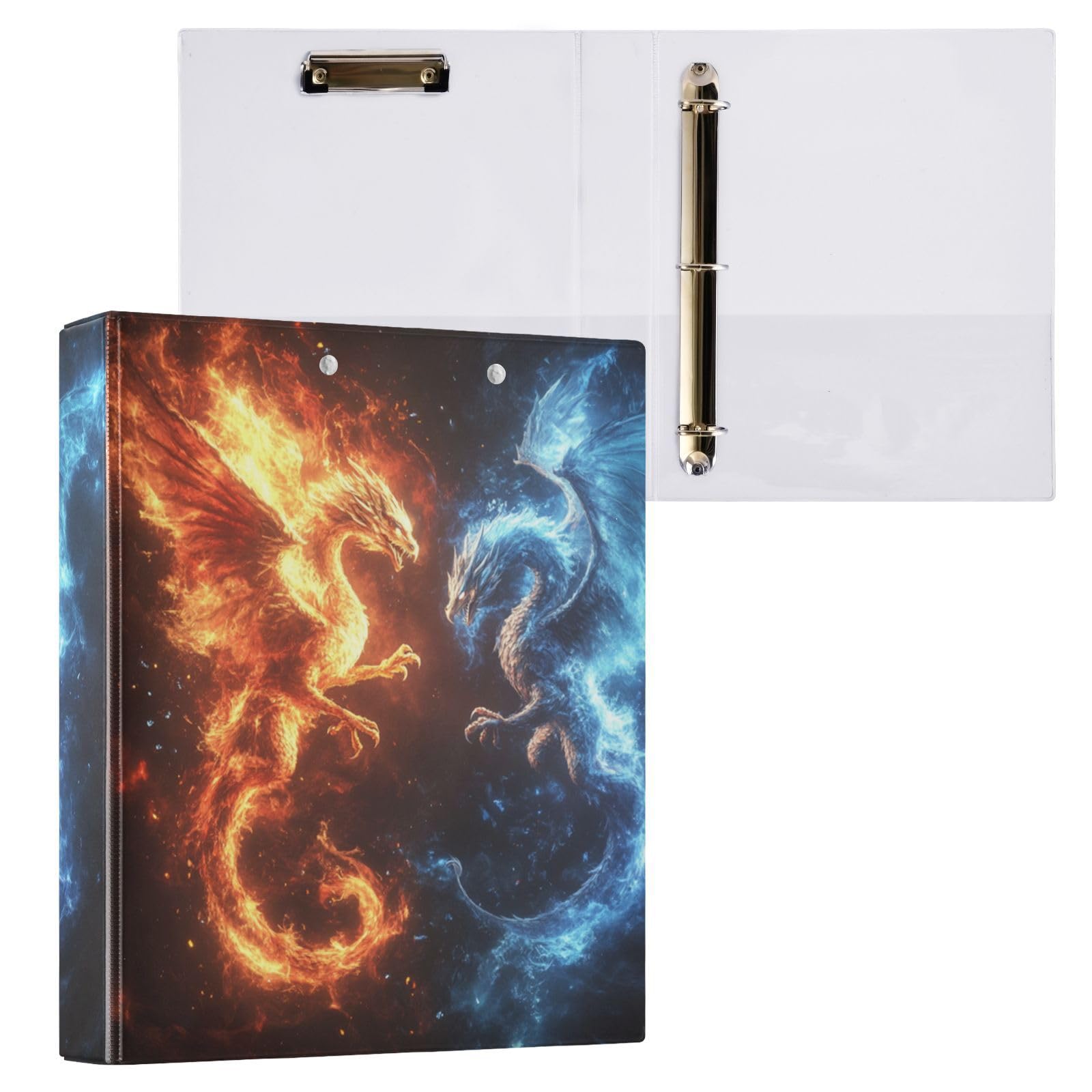 Caikeny Classeur à 3 anneaux avec dragon de feu rouge de 3,8 cm – Porte-bloc rond avec 2 poches pour fournitures de bureau