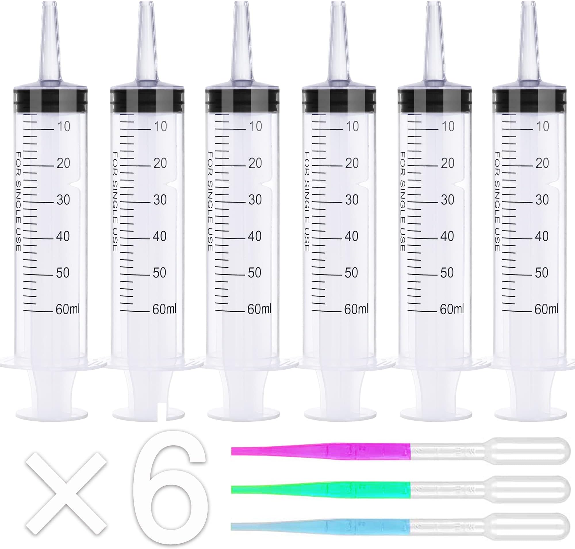 6Pack 60ml Syringe for Liquid - Large Plastic Syringes Without Needle for Food Thick Liquids and Irrigation Water, Lip Gloss Filling, Feeding Dogs Meds, Measuring ( 6 Pack 60 ml / cc )