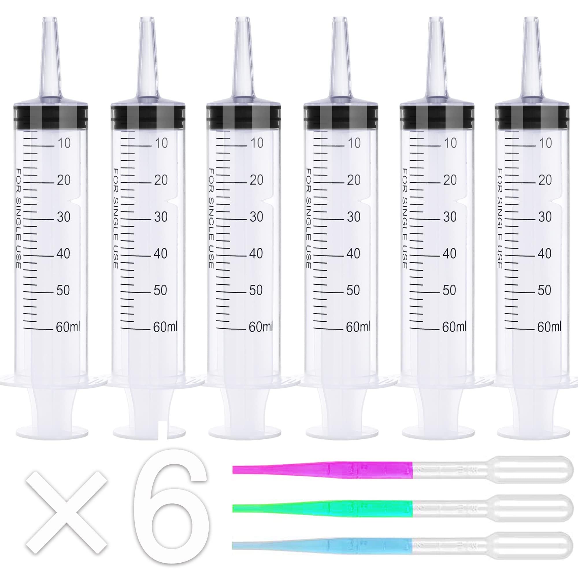 6Pack 60ml Syringe for Liquid - Large Plastic Syringes Without Needle for Jello Food Thick Liquids and Irrigation Water, Lip Gloss Filling, Feeding Dogs Meds, Measuring ( 6 Pack 60 ml / cc )