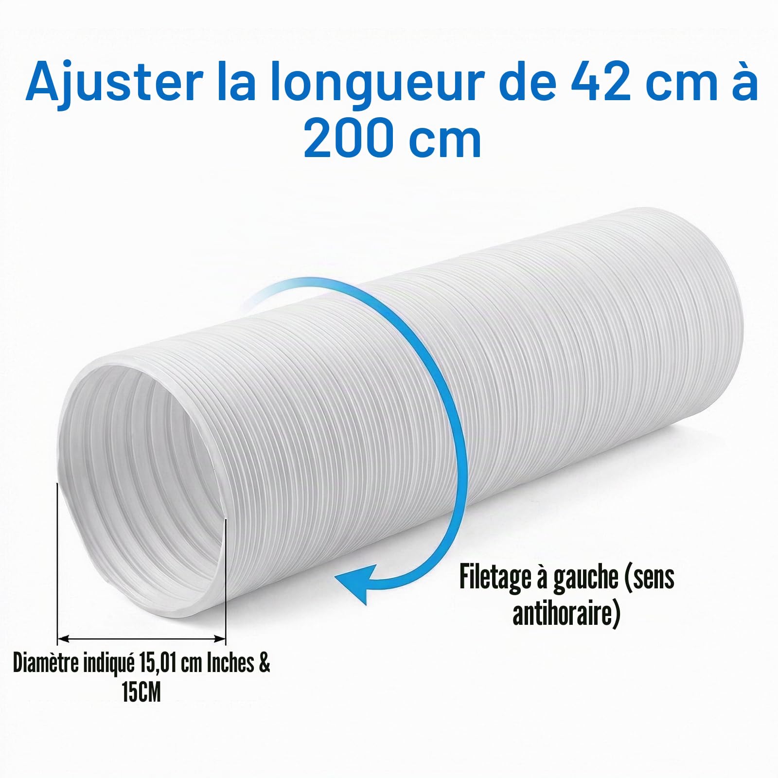Tuyau de Climatiseur Mobile 150 mm, 2 m Tuyau Evacuation Extensible, Conduit Flexible avec Renfort Métallique, Remplacement Rallonge Tube pour Mini Climatiseur Mobile, Filetage à Gauche