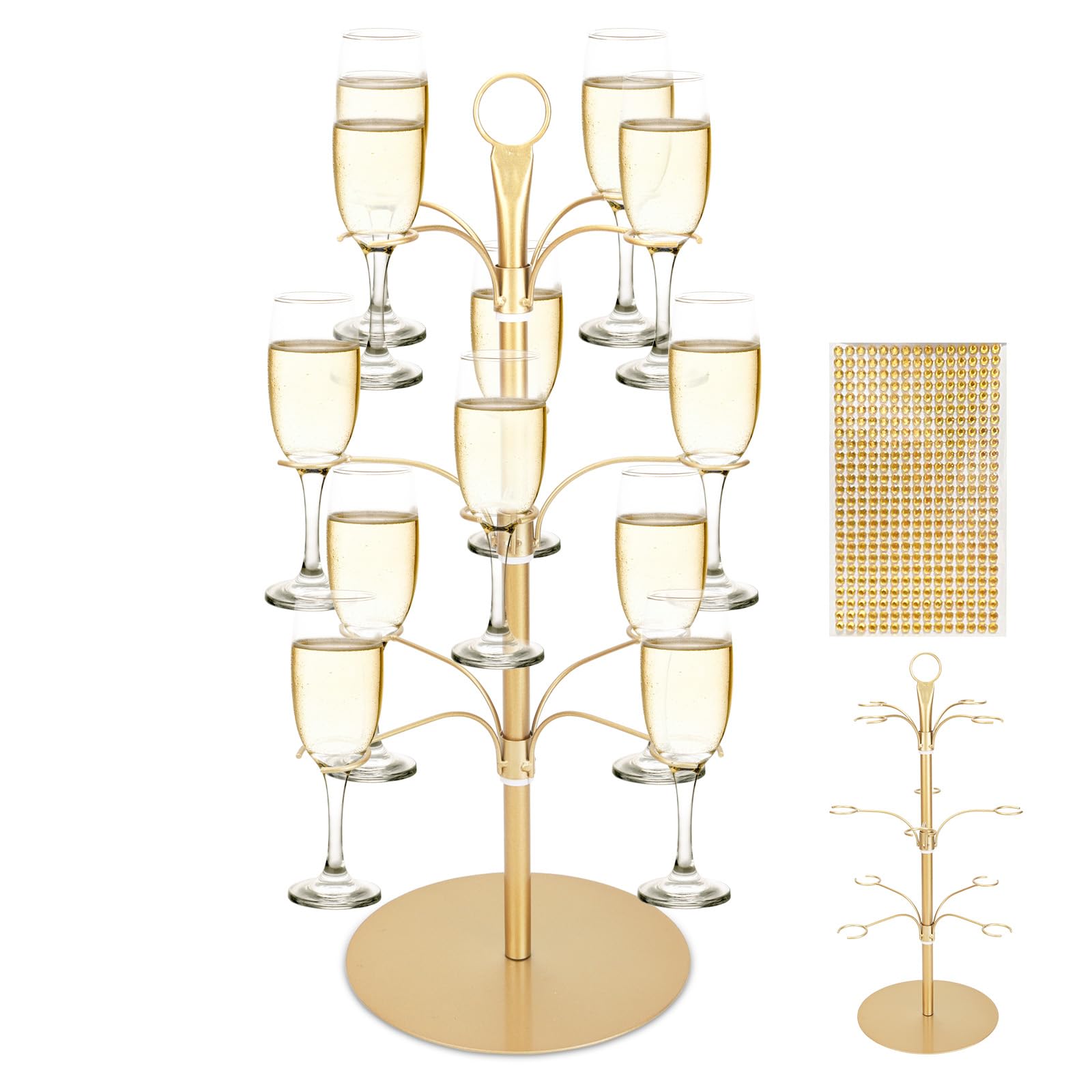 Topsky Cocktail Tree Stand for Drinks, 3 Tier 12 Holders Champagne Tower Wine Glasses Holder, Metal Drink Display Tree for Party Bar Home – Ideal for Champagne, Cocktails, Gin, Martini – Gold