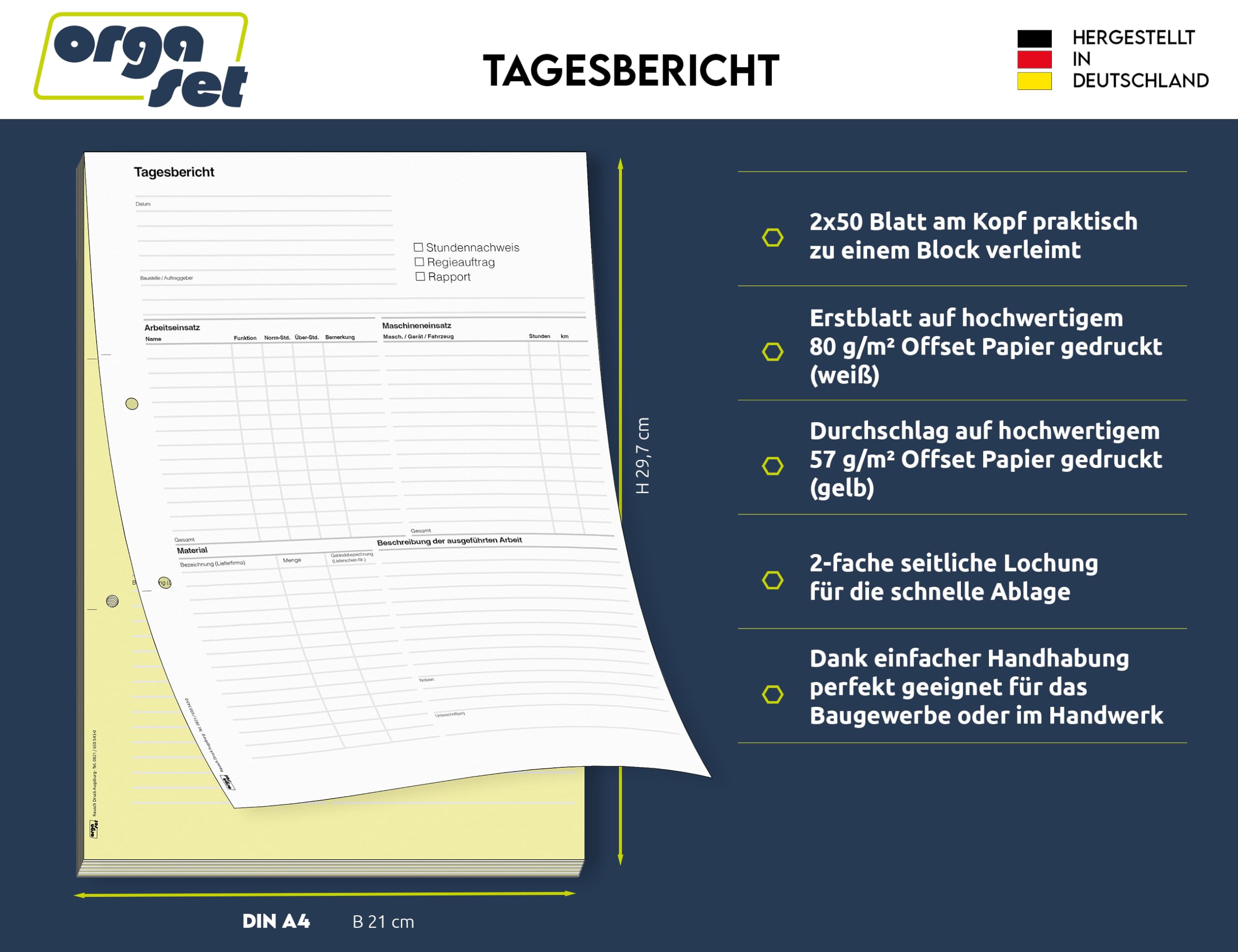Tagesberichte | DIN A4 | 2-fach selbstdurchschreibend | 2x50 Blatt Durchschreibeblock | weiß/gelb | 5 Stk.
