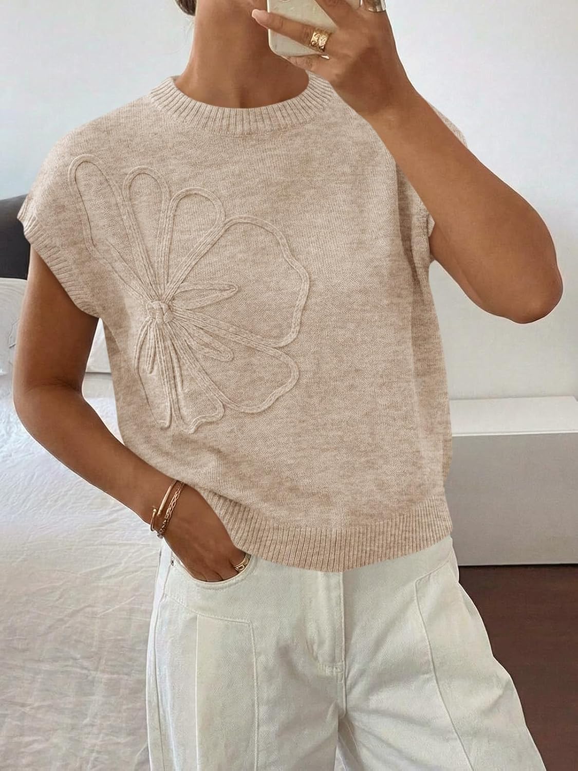 Saodimallsu Womens Short Sleeve Sweater Trendy Floral Pullover Sweaters Summer Casual Crewneck Lightweight Knit Tops - Image 3