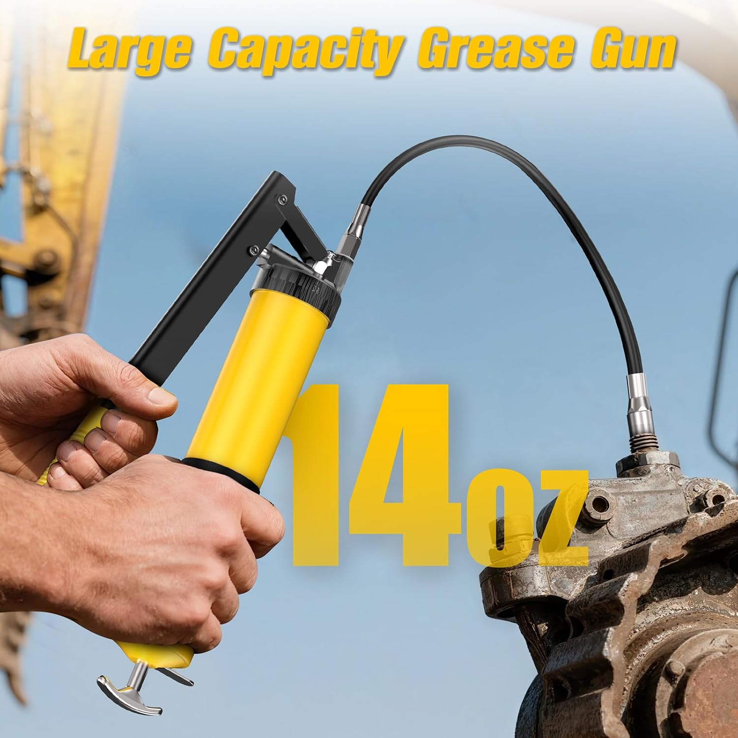J-KU 14oz Manual Grease Gun Kit, 8000 PSI Heavy Duty Pistol Grip Grease Gun with Flexible Hose, Elbow Pipe, Flat & Conical Nozzles, for Automotive, Agricultural & DIY Maintenance