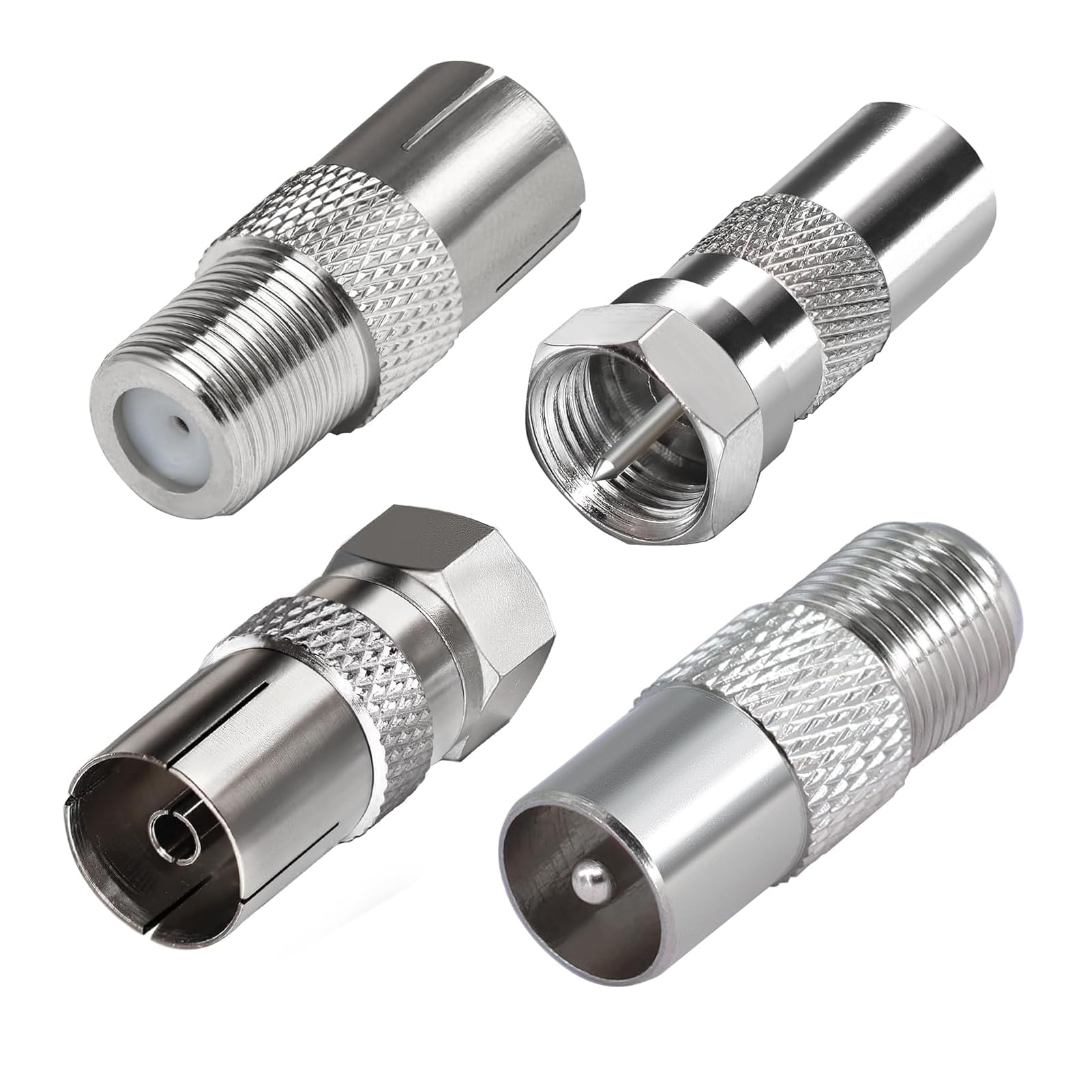 4 Pièces Adaptateur d’Antenne TV F Mâle vers Femelle, Adaptateur Coaxial TV, Connecteur Coaxial RF Nickelé pour Câble Satellite TNT Modem Routeur Récepteur, Raccord Antenne Murale Audio Vidéo