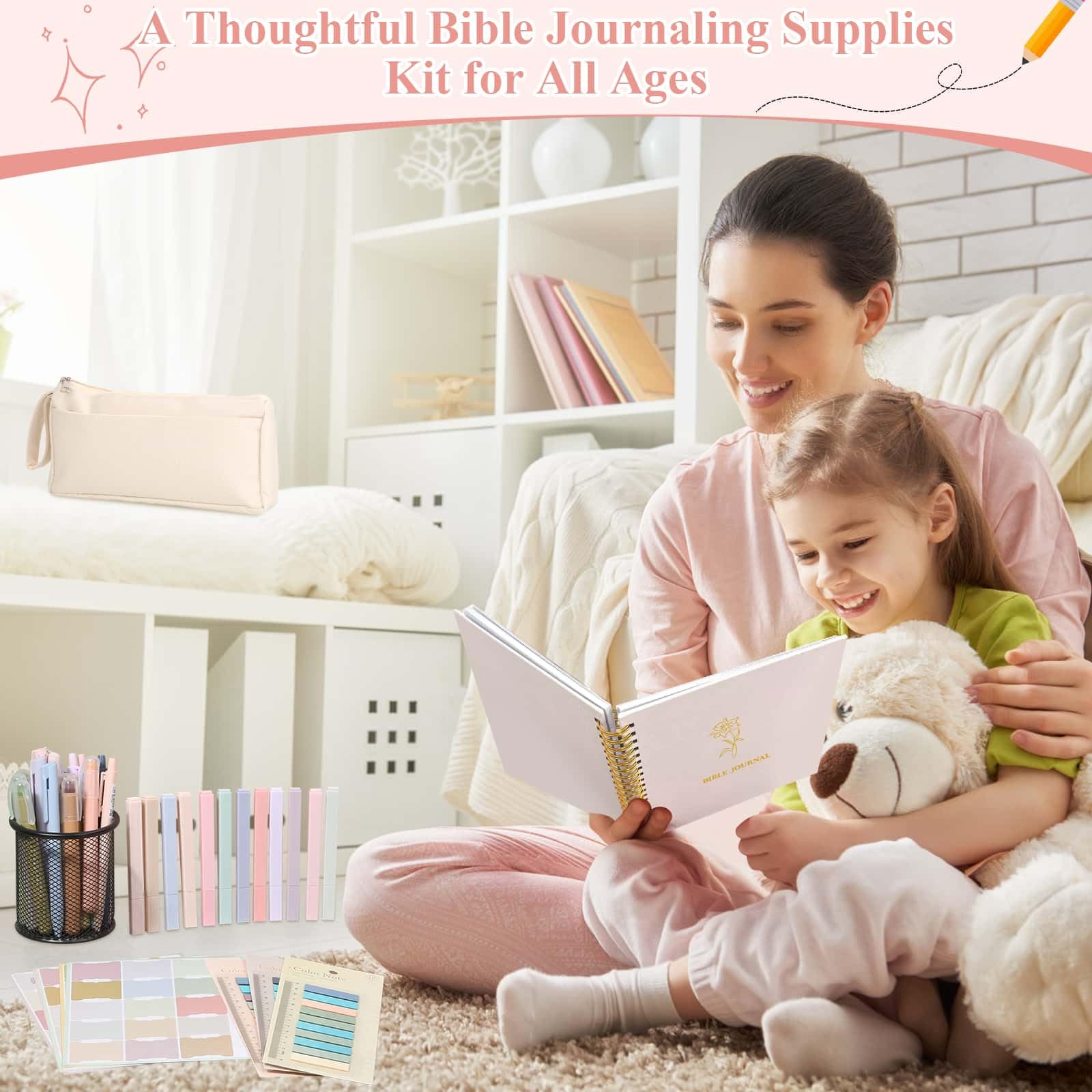 Flasoo Paquete de 106 suministros de estudio bíblico para mujeres, kit de anotación de diario de la iglesia, notas y marcadores con estuche y más accesorios de la Biblia, regalo cristiano
