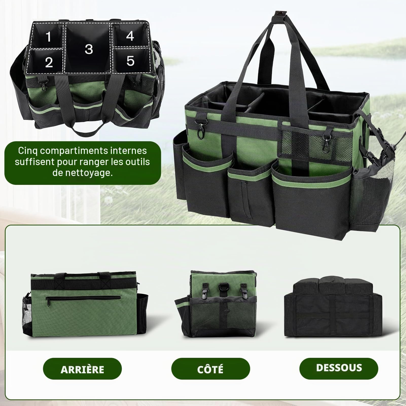 Sac de nettoyage portable en tissu Oxford déperlant avec bandoulière réglable et plaque de fond renforcée – Organiseur de fournitures à séparateurs amovibles pour femme de ménage et nettoyeurs