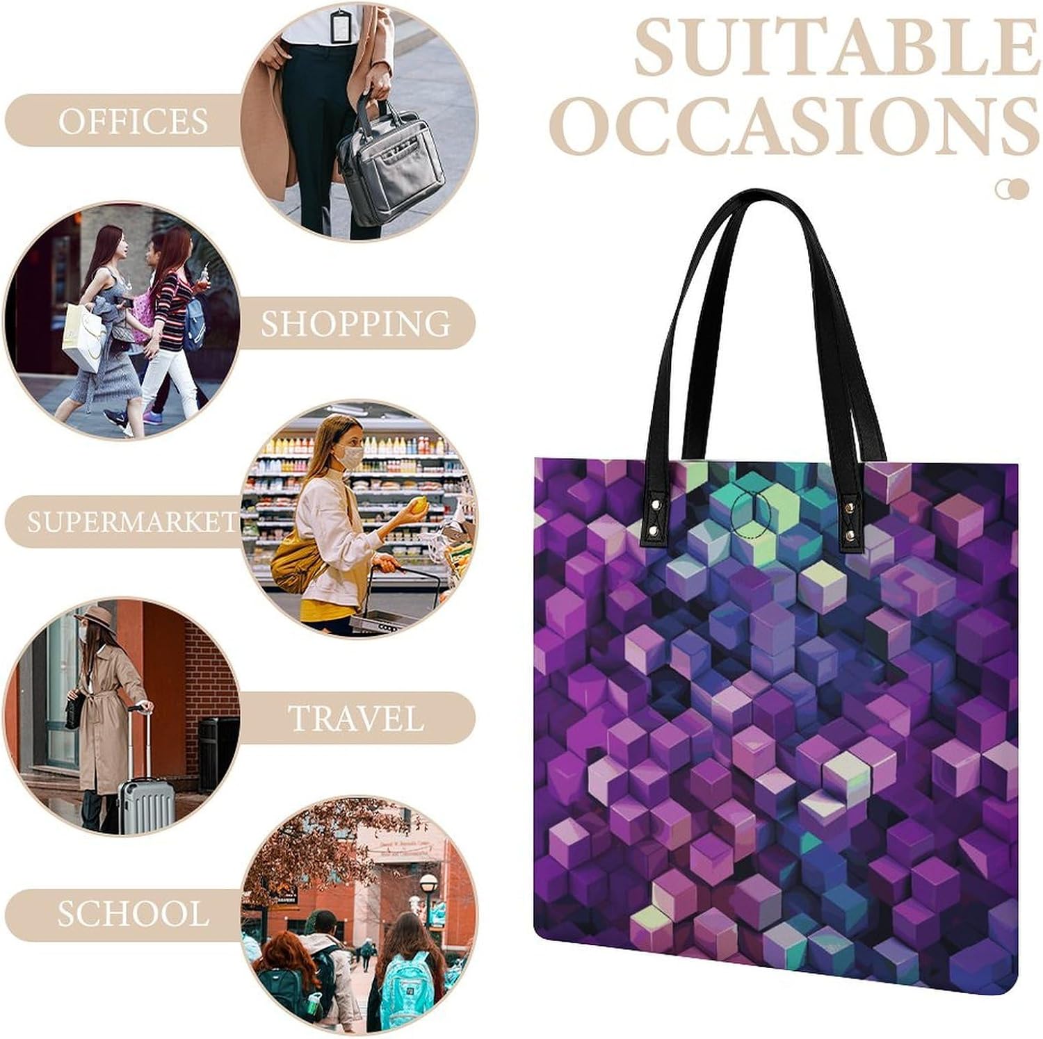 Abstract Color Cubes Purple Tote Bag with Magnetic Buckle Reusable Grocery Bags Lightweight Cross Body Handbag for Daily Essentials