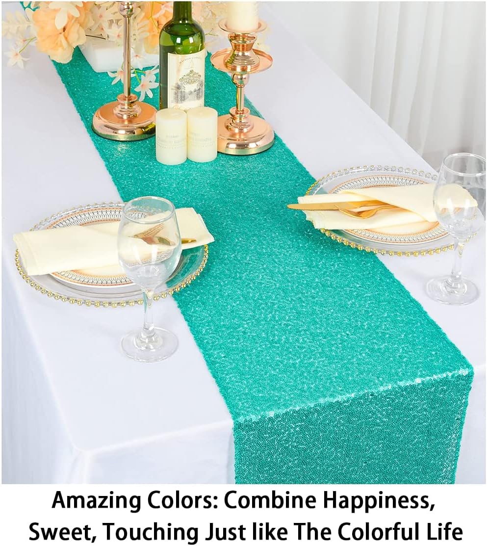 ShinyBeauty 12x108-Inch Sequin Table Runner Teal 1 Piece Table Runner Wedding Halloween Party Decorations Sequin Runners for Tables (12x108, Teal) image 3