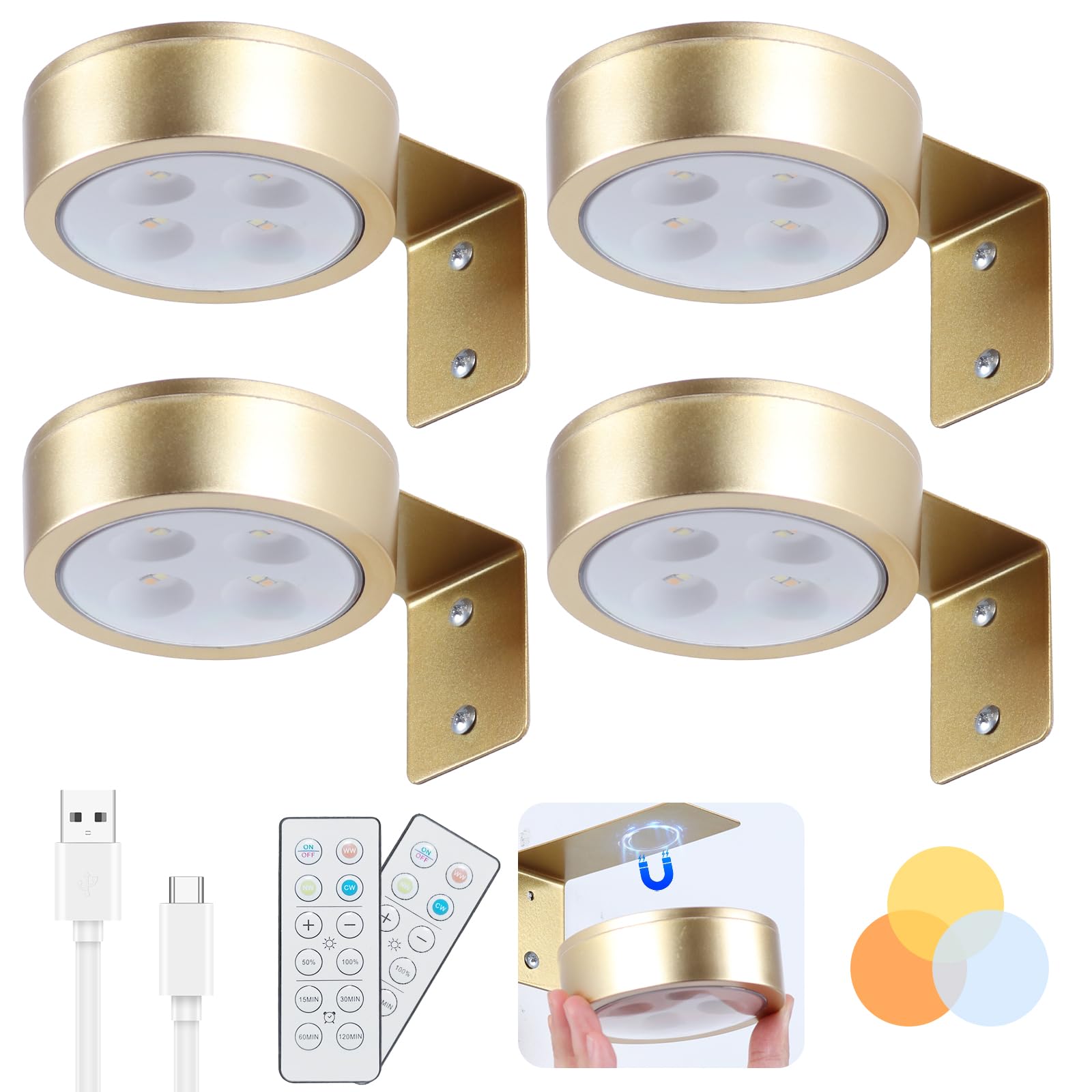 Confezione da 4 luci wireless da parete, ricaricabili, a batteria, con telecomando, dimmerabili, per esposizione artistica, luci da parete a batteria per bersaglio per freccette, cornici per foto,