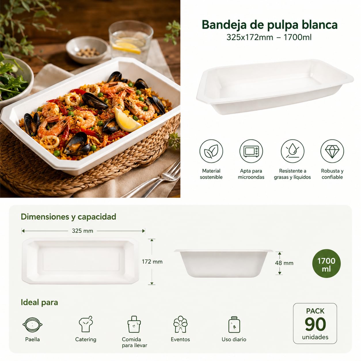 PacknWood - 90 Bandejas con Tapa Sellable GN Blanco Pulpa | Ø32,5 cm | Hostelería Catering, Desechable, Ecológico, Microondable, Restaurante Eventos