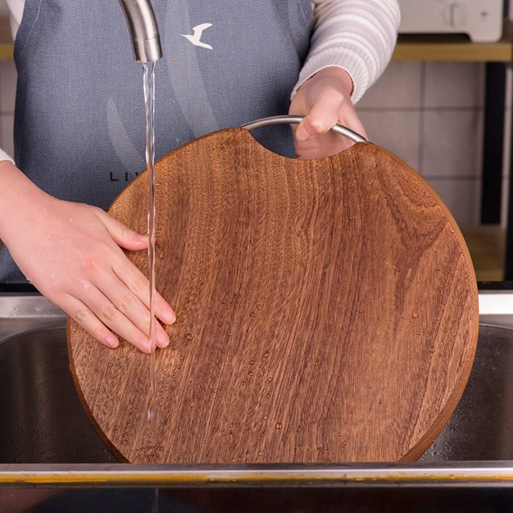 Chopping Board, Ebony Reversible Cutting Board Kitchen Round Whole Wood Chopping Block With Stainless Steel Handle For Vegetables And Fruits Little Surprise,39X3Cm