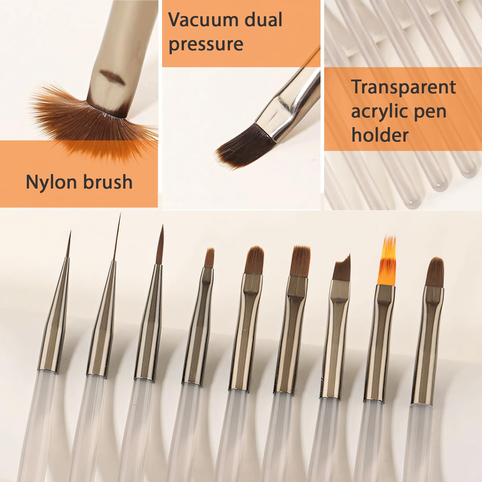Set 9 Pennelli per Unghie Gel Grigio Ghiaccio,Pennelli per Ricostruzione Unghie e French Nails, Include Pennello Scultura Cristallo e Sfumatore, Set Professionale,per Disegno Lineare e Sfumatura