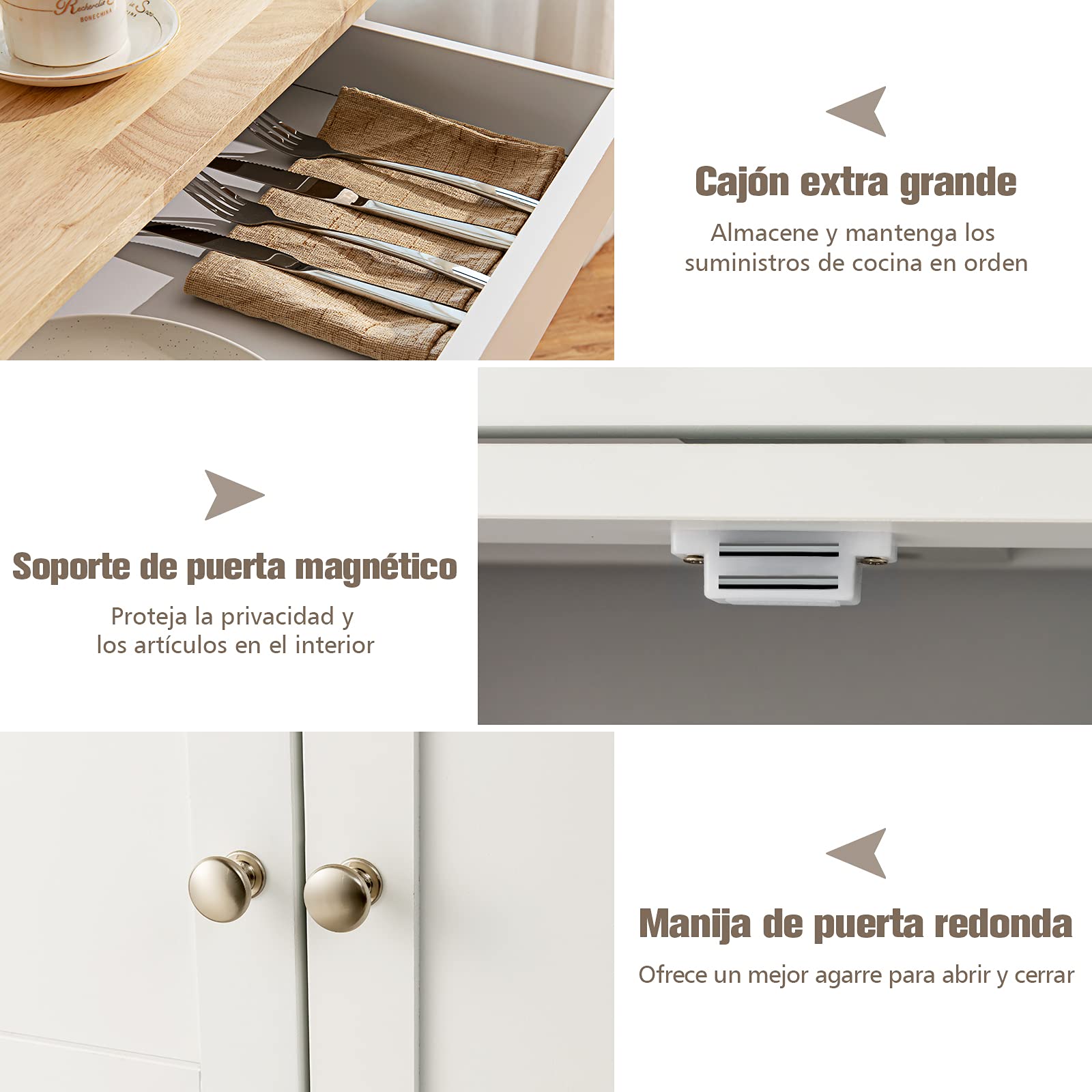 COSTWAY Carro de Cocina, Isla de Cocina con Superficie de Madera de Goma, Cajón, Botellero con 3 Niveles, 2 Armarios, Carrito Giratorio Ideal para Restaurante Cocina Bar (Blanco)