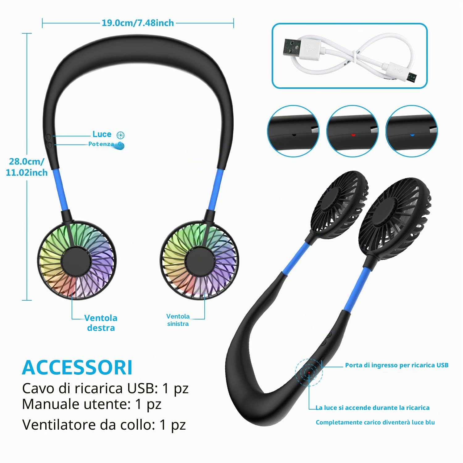 Mini ventilatore portatile da collo, mani libere, ricaricabile tramite USB, con fascia da collo, ventilatore per collana, ventilatore con doppia testa del vento, impostazioni a 3 velocità, per viaggi,