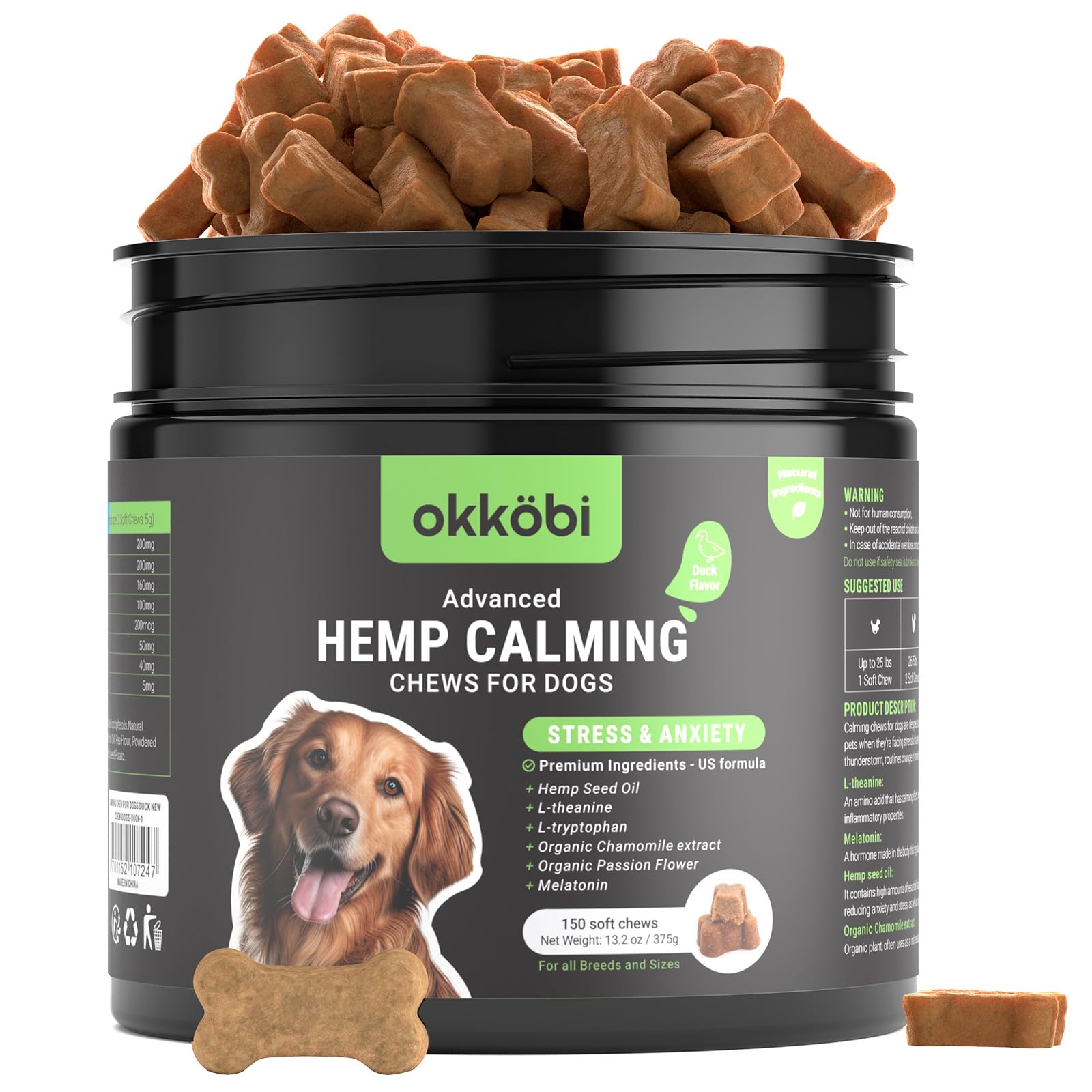 Hemp Calming Chews For Dogs Anxiety 150 pcs - Dog Anxiety Relief Chews - For stress, travel, check-up, barking or grooming - Calming Treats - Duck