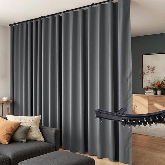 Room Divider Curtains Flexible Ceiling Tracks set Curtain track Ceiling Mount Blackout Curtains for Living Room Bedroom Ceiling Curtain Rod Privacy Divider Panel W180xH84 Grey Drape&Black rail