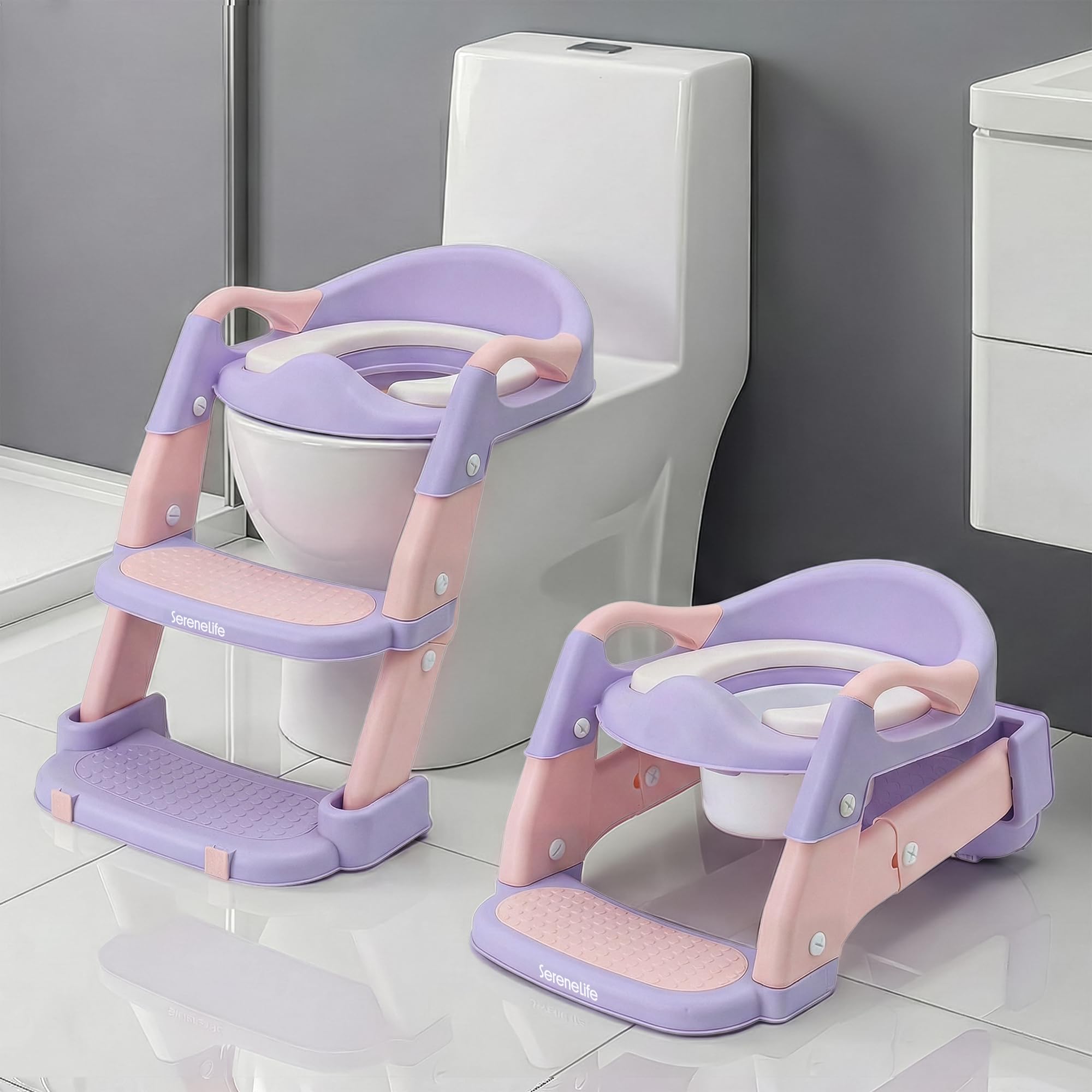 SereneLife 2-in-1 Potty Chair Potty Training Seat with Step Stool Ladder - Height Adjustable Kids Toddler Toilet Seat