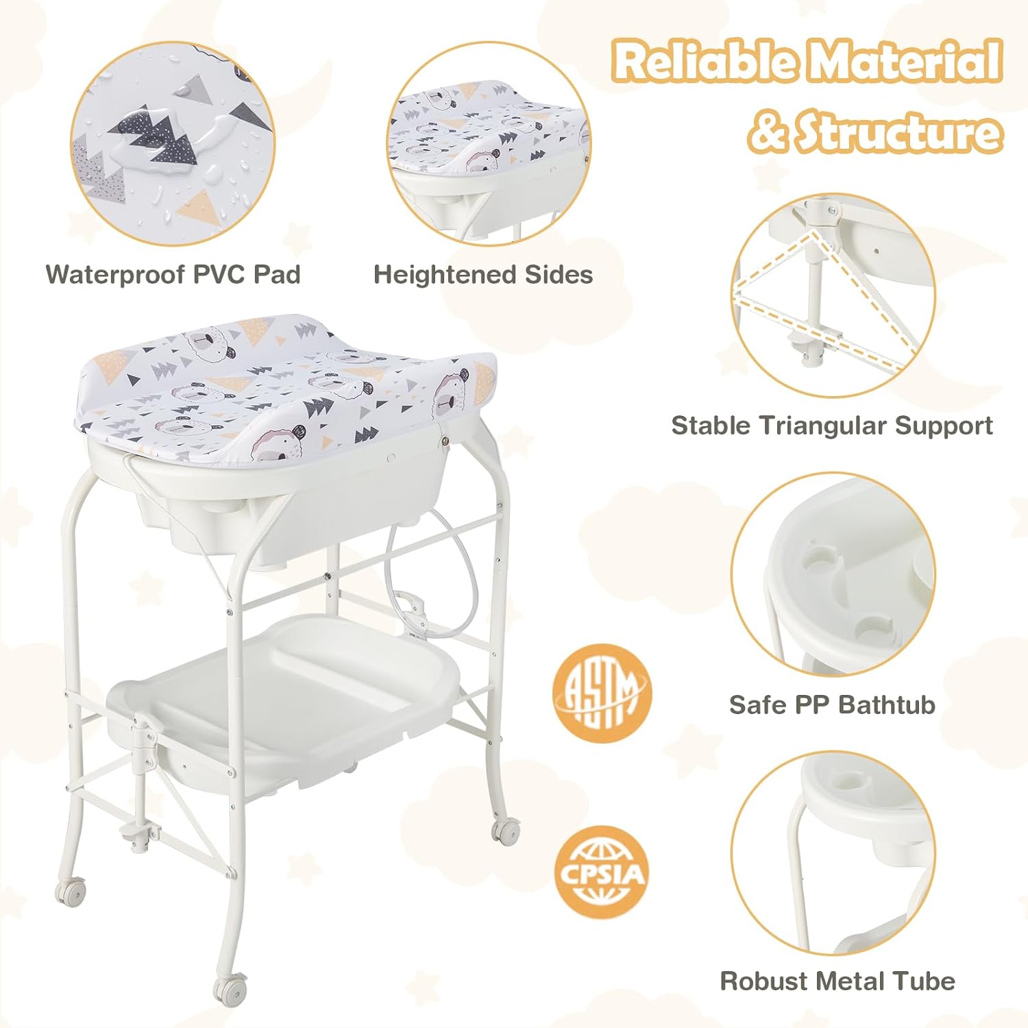 HONEY JOY 2-in-1 Baby Bathtub & Changing Table, Foldable Infant Diaper Changing Station with Wheels, Storage Tray, Waterproof Pad, Portable Newborn Nursery Organizer Bath Stand for Boys Girls (White)