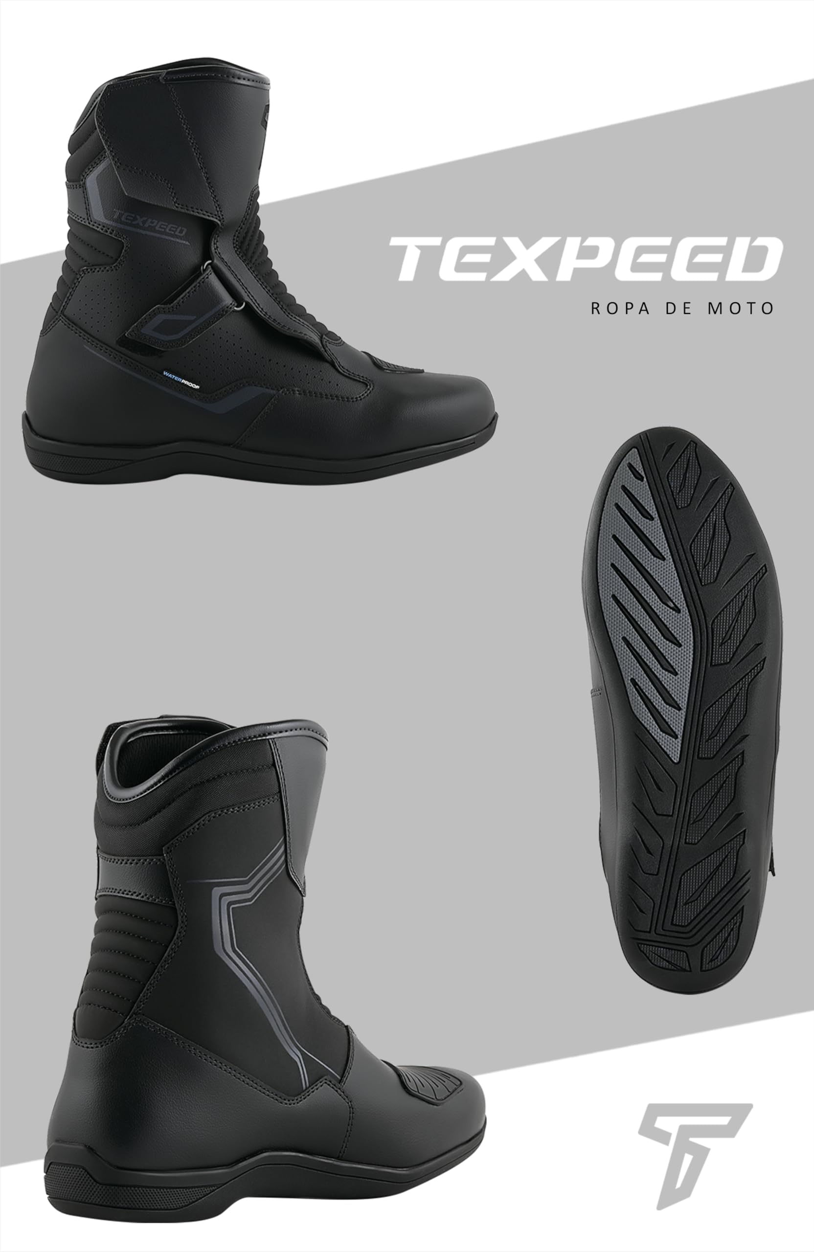 Texpeed Botas Moto Hombre Cuero - Cruiser 100% Botas De Moto Impermeables De Corte Corto Homologadas Por La CE - Negro - EU 43