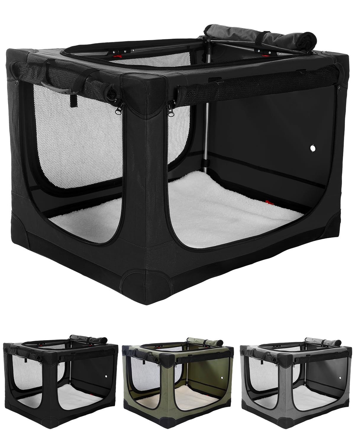 derimkcoa 83 * 64 * 64CM Hundebox faltbar, Hundetransportbox Auto für mittelgroße bis große Hunde bis 27 kg, tragbare Soft-Hundebox mit reißfesten Netzfenstern, Plüschmatte und Tragetasche,Schwarz