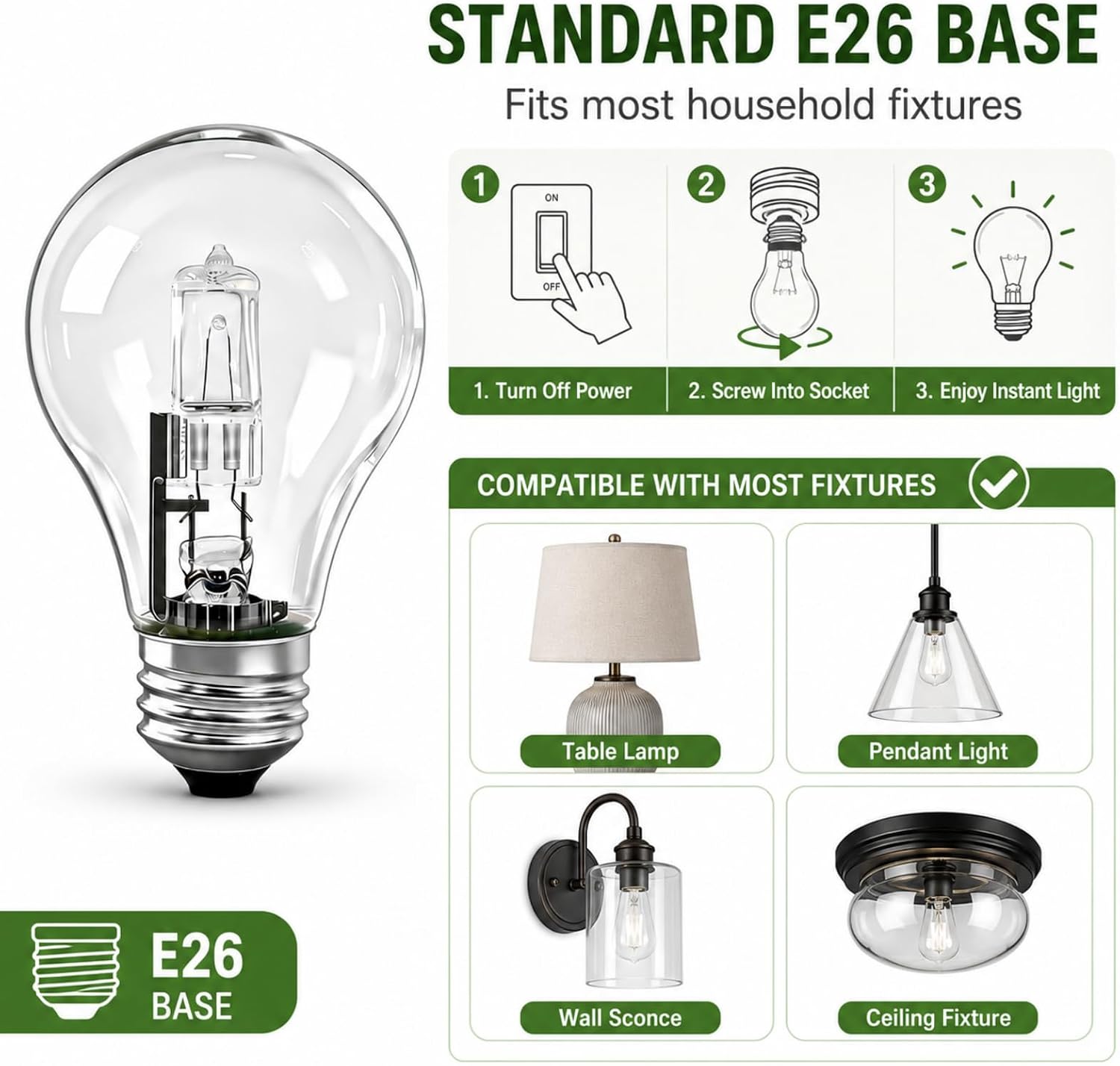 (4Pcs)043168787963 78796 Halogen Bulbs, Suitable for A19 Bulb Type E26 Threaded Base 120V43W, Replacing 60W Incandescent Bulbs, Used for Chandeliers, Desk Lamps, Wall Lamps and Other Lighting Fixtures