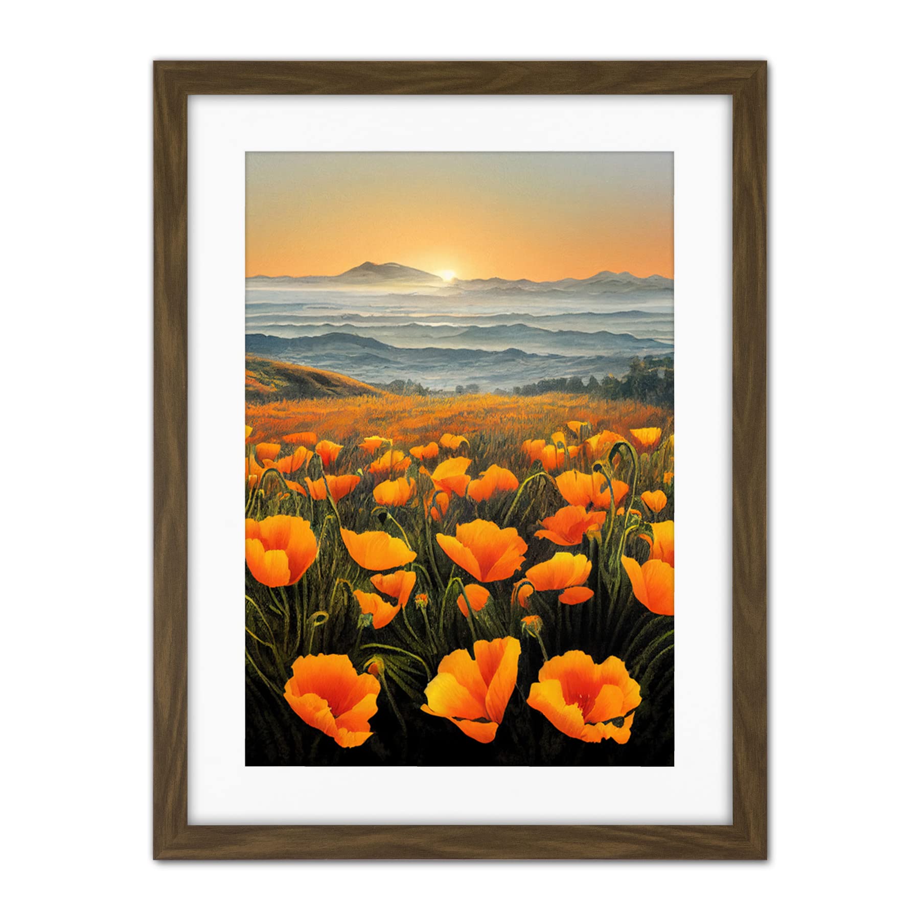 Doppelganger33 LTD Shoreline California Poppies At Sunrise Painting Artwork Framed Wall Art Print 18X24 Inch