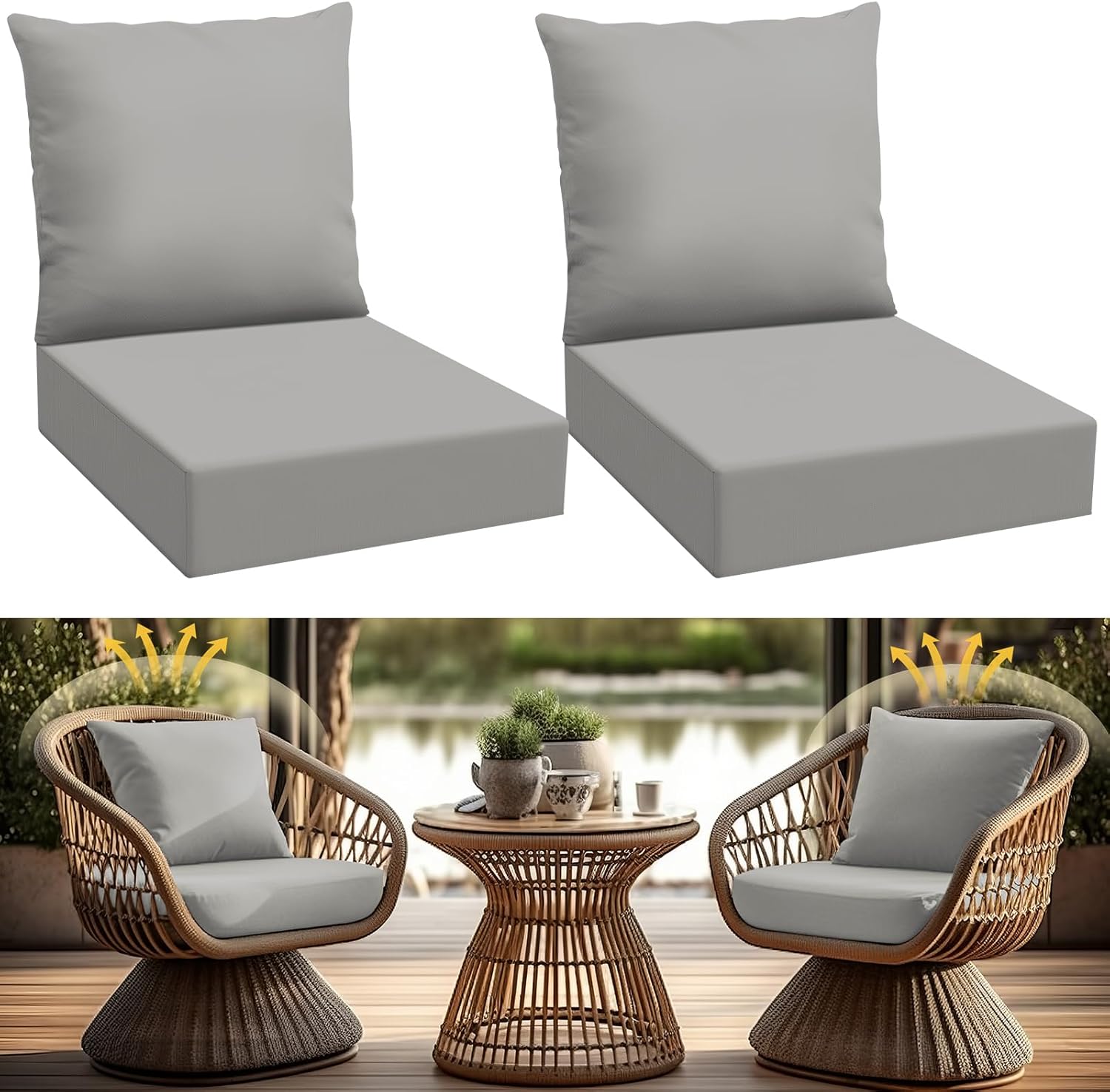 patelai 2 set outdoor deep seating cushions for patio furniture 24 x 24 inch waterproof fade resistant patio furniture back pads and chair cushions replacement for pool yard garden couch (light gray)