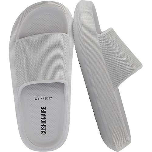 CUSHIONAIRE Feather EVA Slides for Women – Comfortable Slip On Womens Slippers, Indoor Outdoor Shower Shoes, Beach Essential Cloud Slides