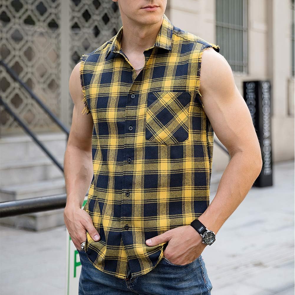 LOGEEYAR Men's Sleeveless Shirt Plaid Flannel Button Down Casual Vest Shirts - Image 2