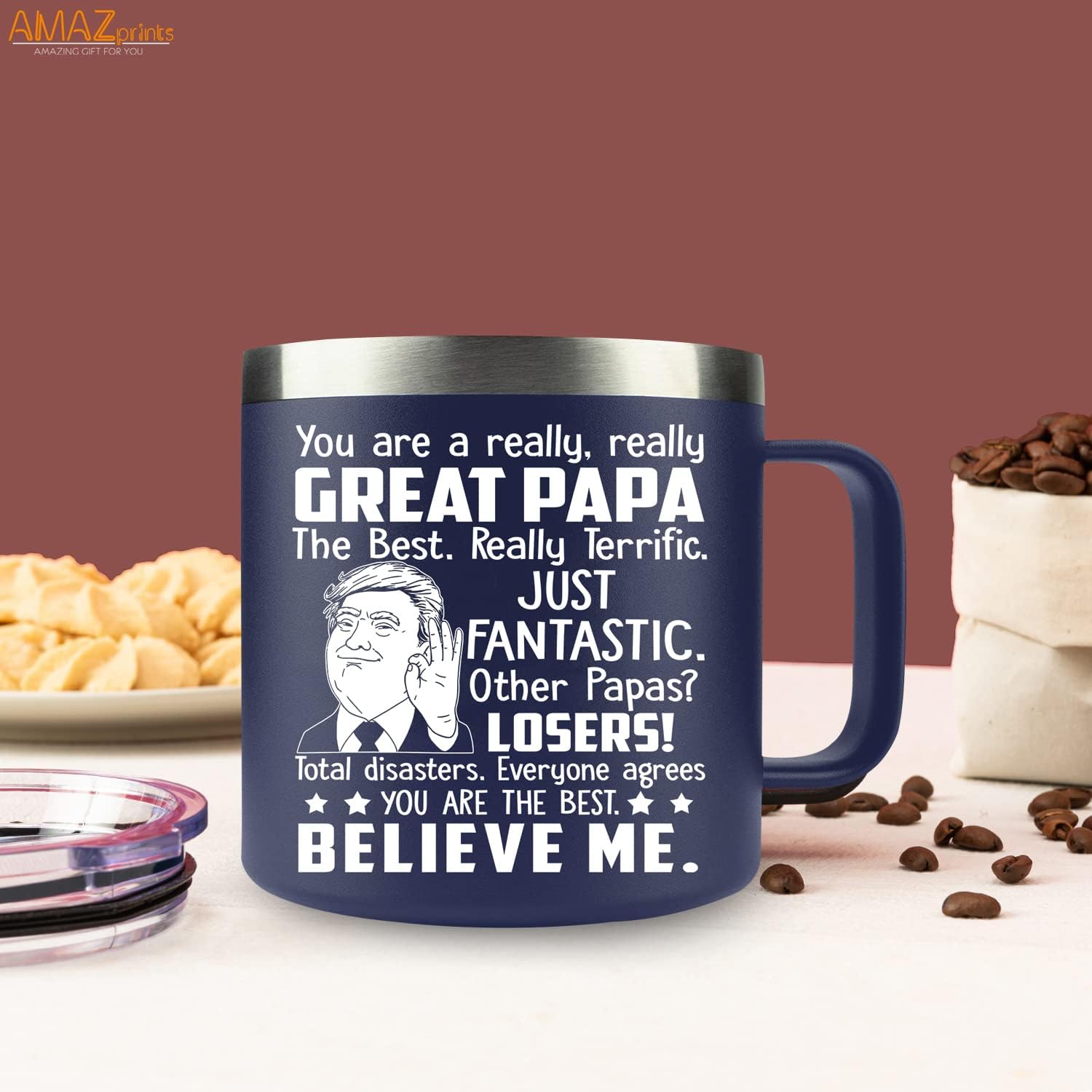 Gifts for Papa from Daughter, Son, Kids on Fathers Day - Gifts for Grandpa from Grandchildren - Great papa Insulated Stainless Steel Mug 14oz Navy image 2