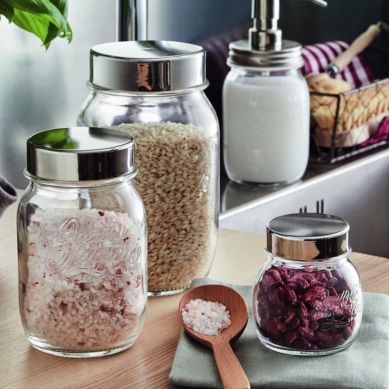 Bormioli Rocco Quattro Stagioni i Genietti Glass Storage Jar with Stainless Steel Lid, 5 oz., Set of 12