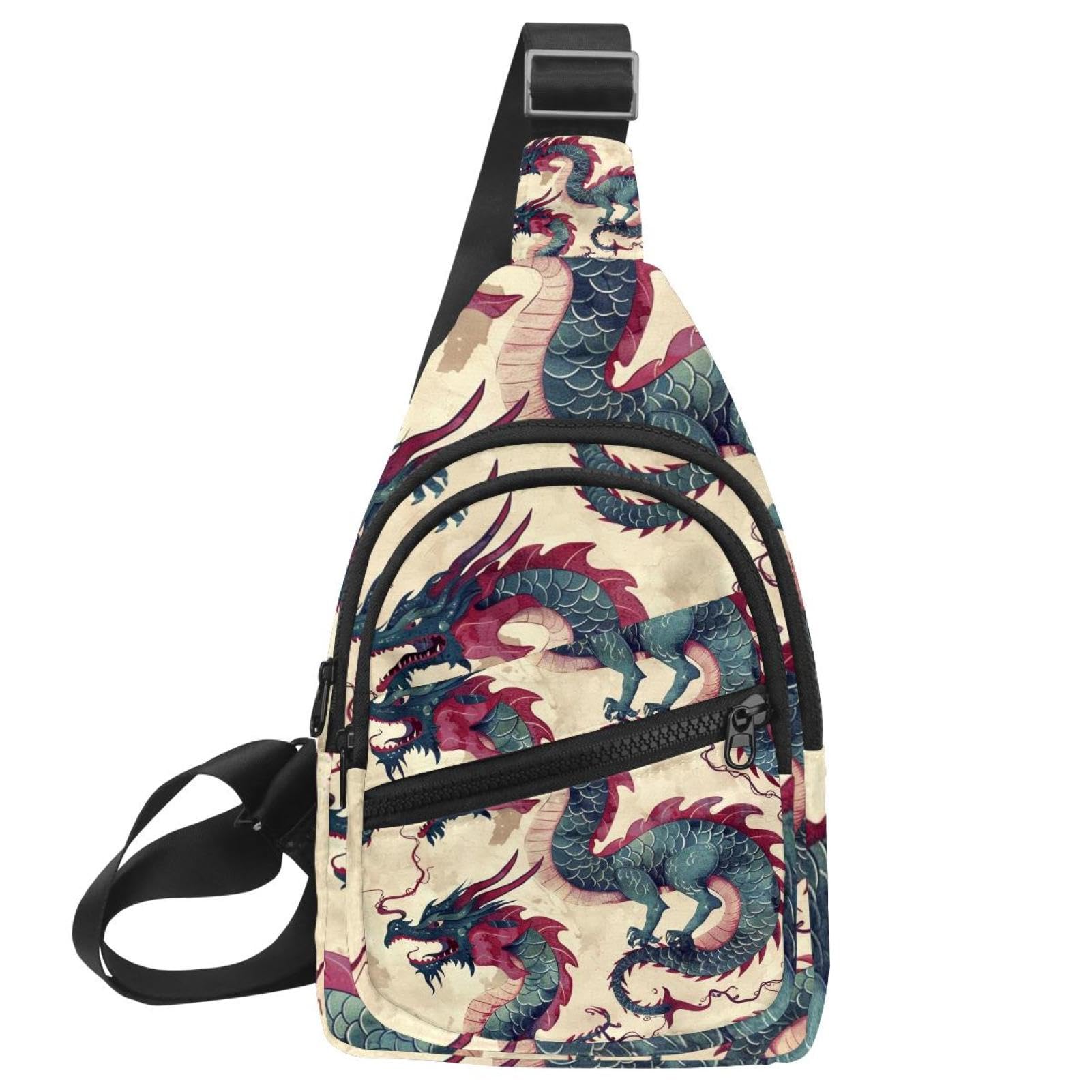 Mochila cruzada para correr y senderismo con estampado de dragón multicolor ajustable 7
