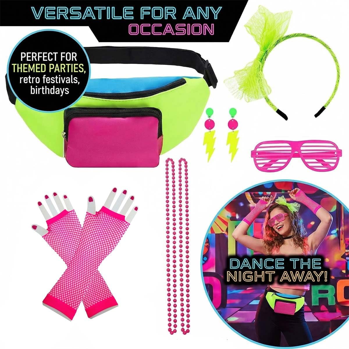80s Accessories for Women Neon Accessories Set 80 s outfit Costume 80s Fanny Pack Hairband Fishnet Gloves Earrings