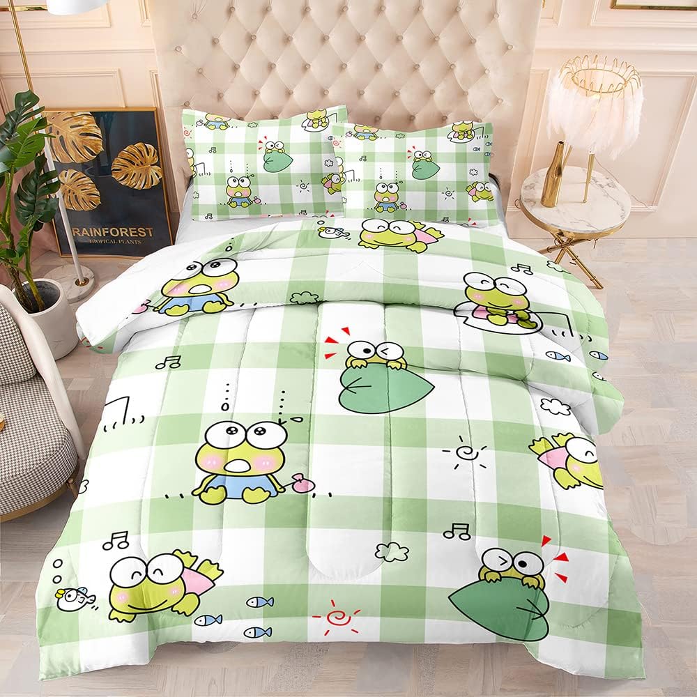 Cute Cartoon Little Frog Pattern Bedding Comforter Set for Kids Full Size Bedroom Decor Green White Stripe Black Note Print Duvet Set Boys Girls Teens Adult Quilt Set with 2Pillowcase