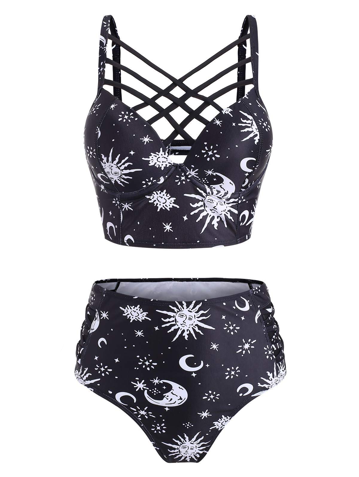 JHDESSLY Women Two-Piece Swimsuit Sun Star Moon Lattice Underwire High Waisted Tankini Swimwear