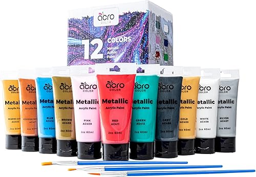 Juego de pintura acrílica metálica  12 colores ricos pigmentos no tóxicos para artistas de todos los niveles (niños, principiantes, profesionales)