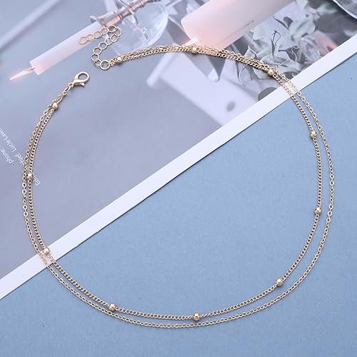 Layered Satellite Chain Necklace Boho Gold Layered Choker Necklace Smalll Beadeds Chain Necklace Vintage Bead Chain Necklace Layering Chain Necklace(Style1)