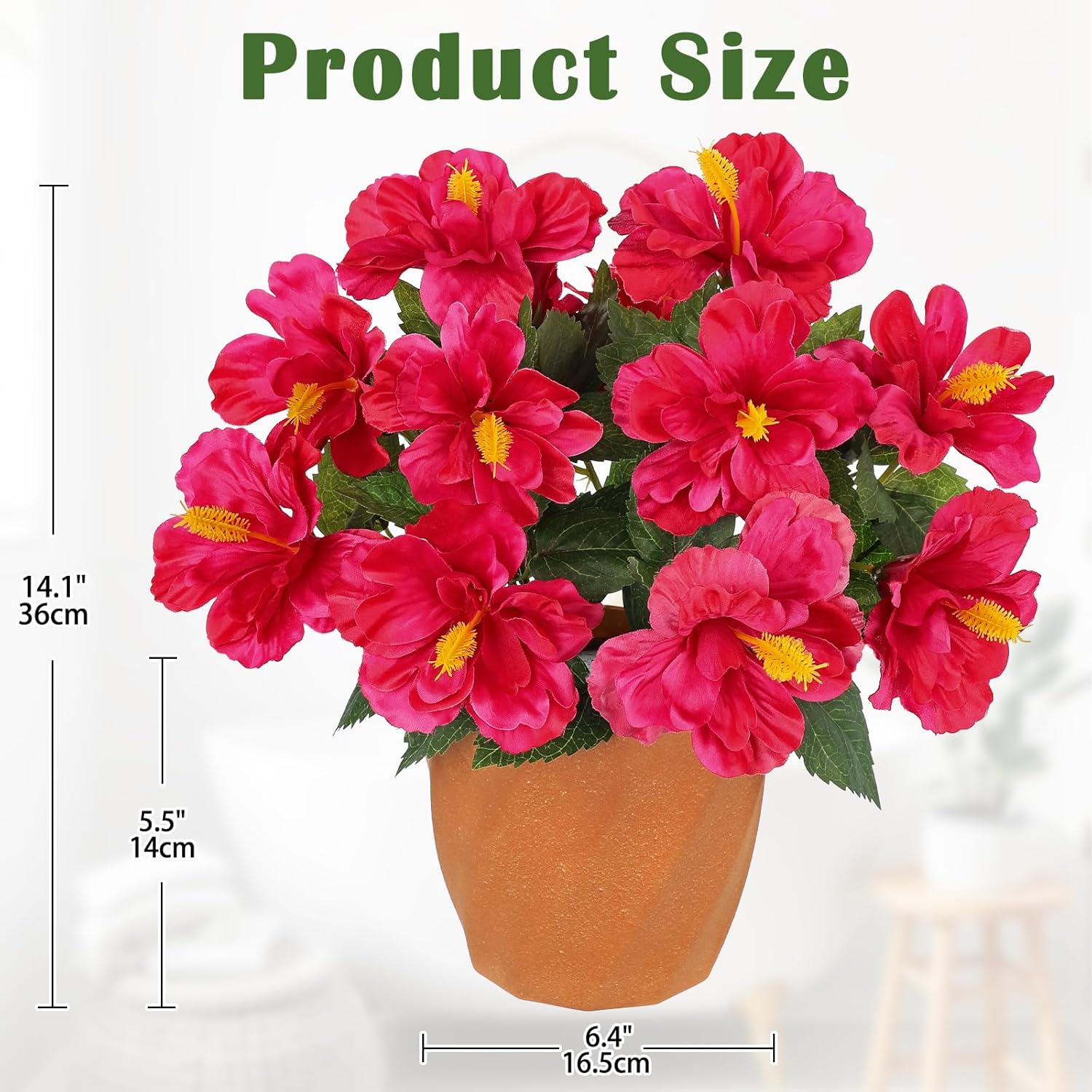 Briful Artificial Hibiscus Flowers in Pot, 14.1" Faux Tropical Flower Plant for Outdoor Porch, Potted Hot Pink Hibiscus Tabletop Decor for Living Room, Dining Table, Office, Indoor Home Décor