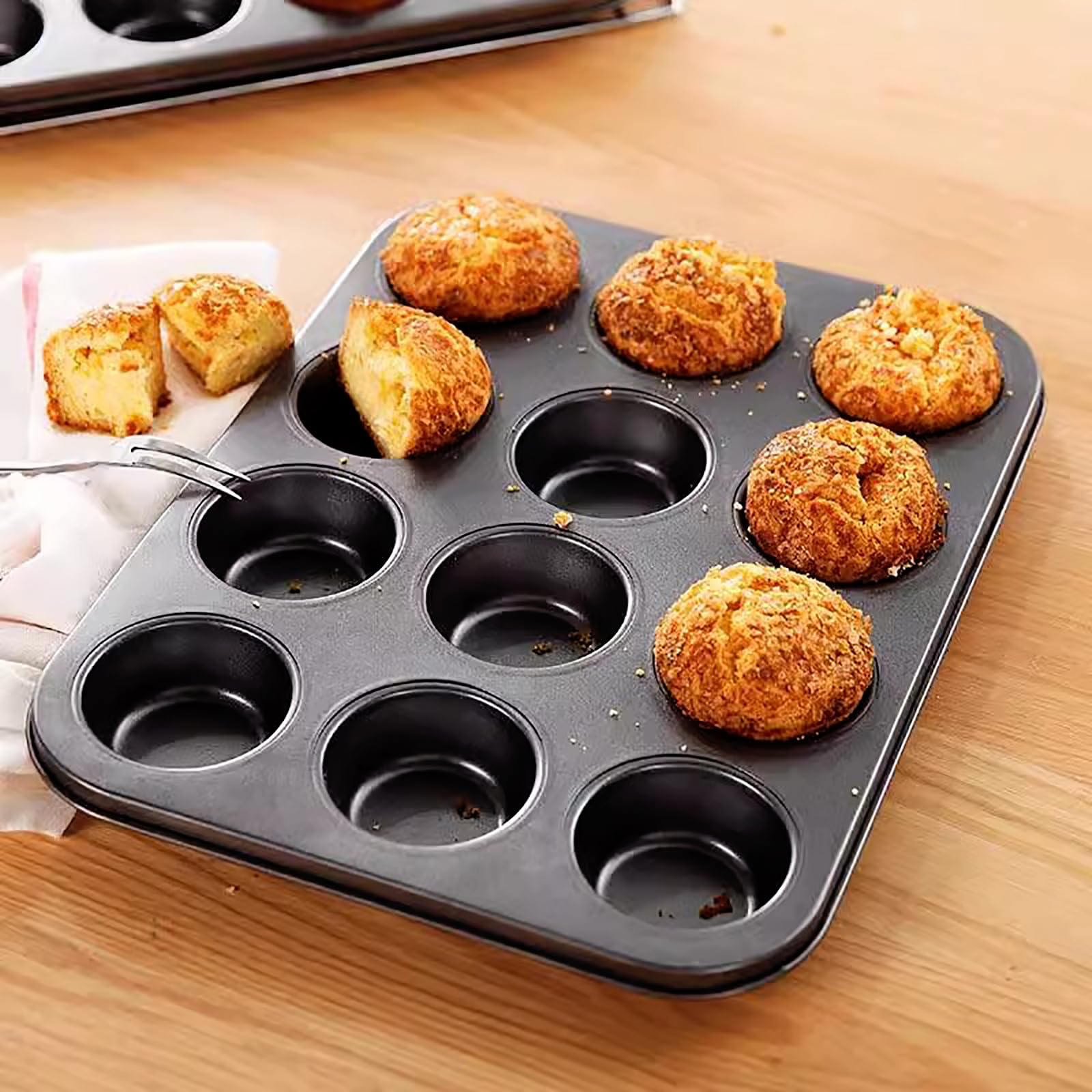 Molde para magdalenas para hornear, molde antiadherente para magdalenas, 12 tazas, paquete de 2 bandejas para tartas, moldes para tartas de queso de alta calidad, color negro