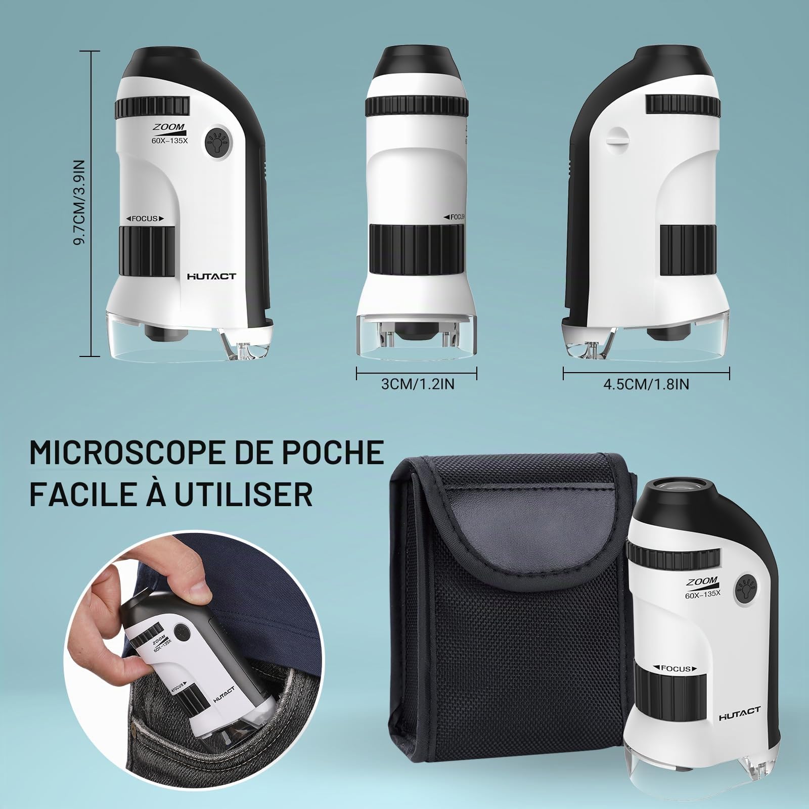 60-135X Mini Microscope Portable pour Enfants,Microscope de Poche Lumineux avec 5 Lames Preparees pour Plante Trichomes