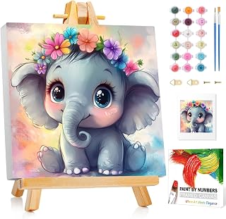 Reivworl Paint by Numbers Kit for Kids with Frame and Easel, Elephant Paint by Number for Kids Age 6-8-12, Acrylic Paint by Numbers for Gifts and Home Decor (8X8inch)