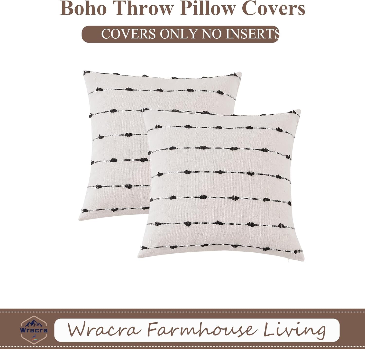 Wracra Set of 2 Decorative Boho Throw Pillow Covers 18x18 inches, Modern Farmhouse Linen Pillowcase for Couch, Sofa, Bed and Living Room, Black