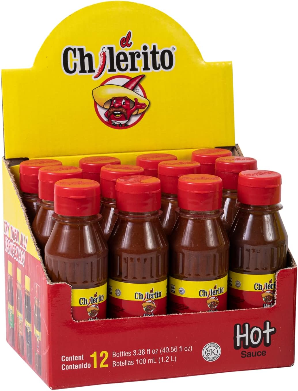 EL CHILERITO DISPLAY 12 Pcs, Hot Sauce 100ml/ 3.3Fl. Oz - Mexican Foods - Ideal For snacks, cocktails and all kinds of food - Mexican Flavor - Chili Botana Sauce - To Share With Friends And Family - Kosher - Natural Ingredients - Chili – Spicy