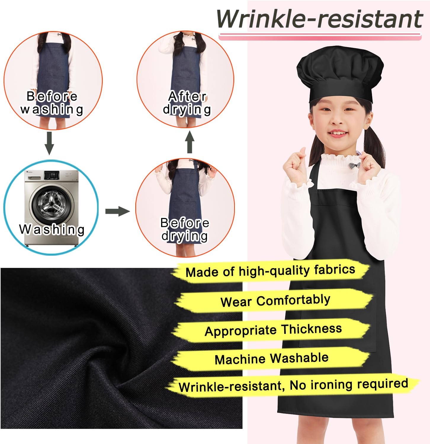 Kids Apron Chef Hat Set for Boys and Girls Adjustable Neck Strap Hook and Loop Fastener Design Waistband for Baking - Image 5