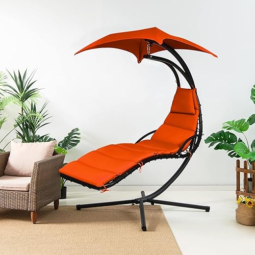 Miniatura 2 de Tangkula Tumbona colgante, hamaca flotante con soporte de arco con toldo y almohada integrada, silla de salón de acero curvada para patio, silla