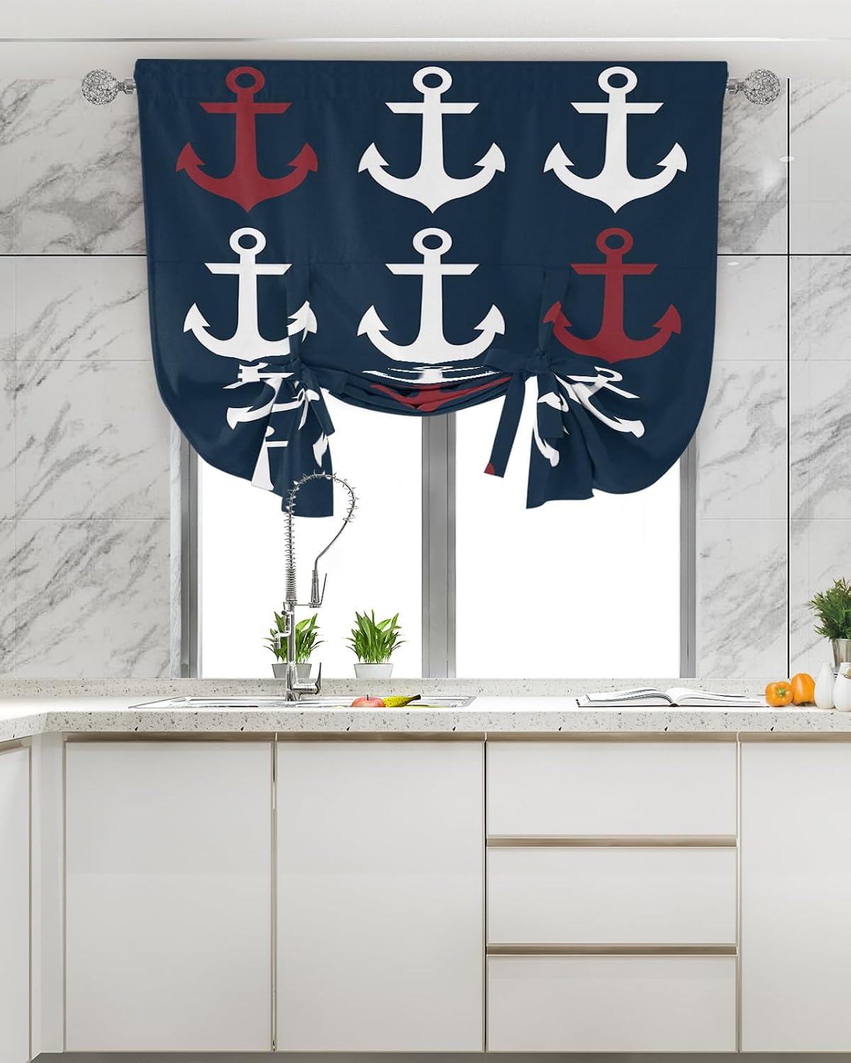 Balloon Tie Up Curtain, Adjustable Rod Pocket Panel Blackout Window Valances Curtains, Nautical Ocean Anchor Dark Blue Short Treatment Window Shades Decor for Bedroom Farmhouse Kitchen - 42"x54"