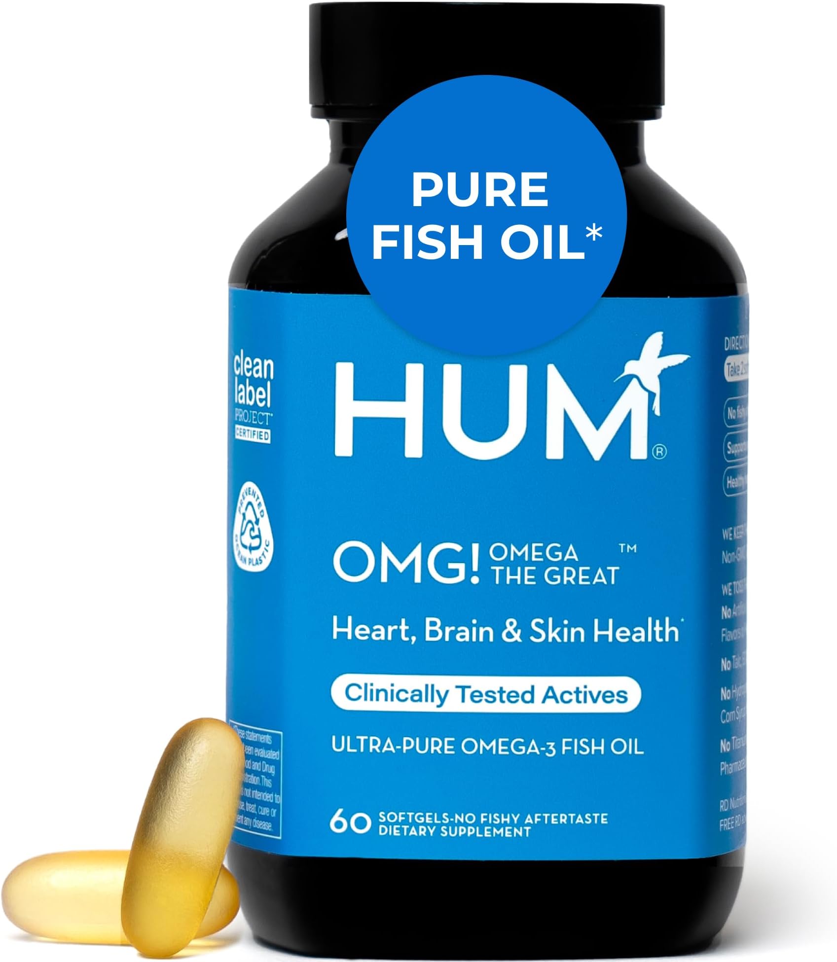 HUM OMG! Omega The Great - Triple Omega 3 Fish Oil Supplement with DHA, EHA & Vitamin E to Support Bright & Even Skin Tone - Gluten Free & Non-GMO (60 Softgels)
