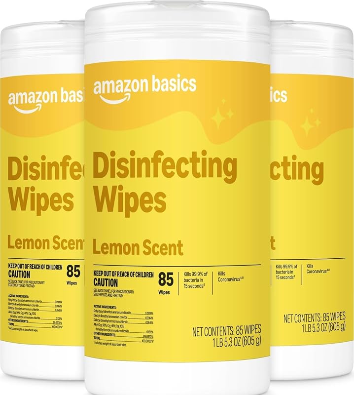 Toallitas desinfectantes Amazon Basics, aroma a limón, para desinfectar, limpiar y desodorizar, 255 unidades (3 paquetes de 85), el embalaje puede variar
